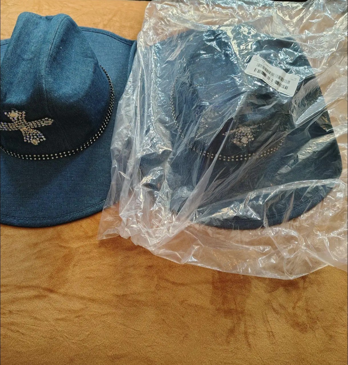 Blue Denim Cowboy Hat with Rhinestone Cross, Women’s Size  O/S, with belt
