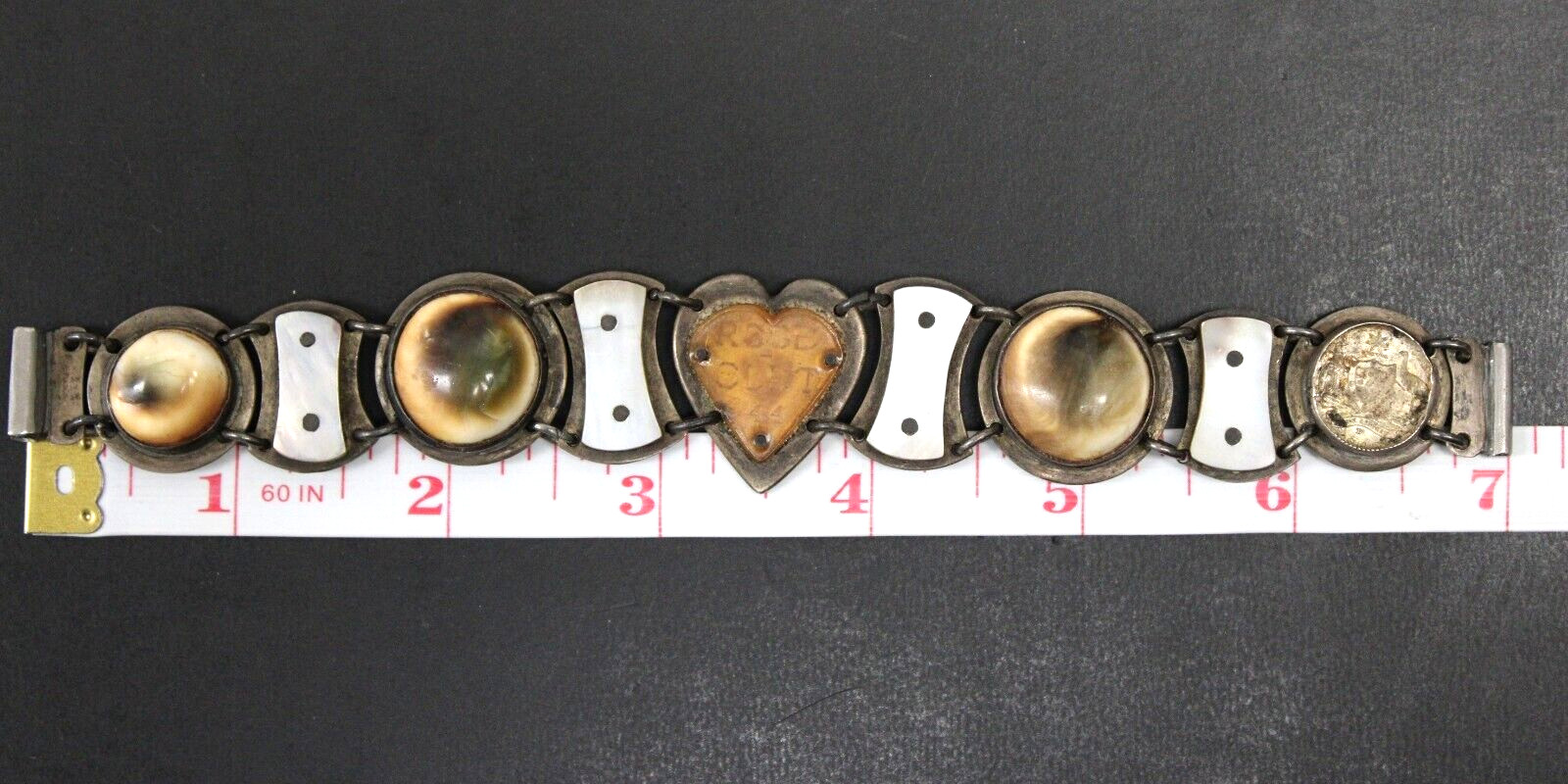 1944 Silver WW2 Sweetheart Panel Bracelet Made From Coins & Shells 7" 59.6g