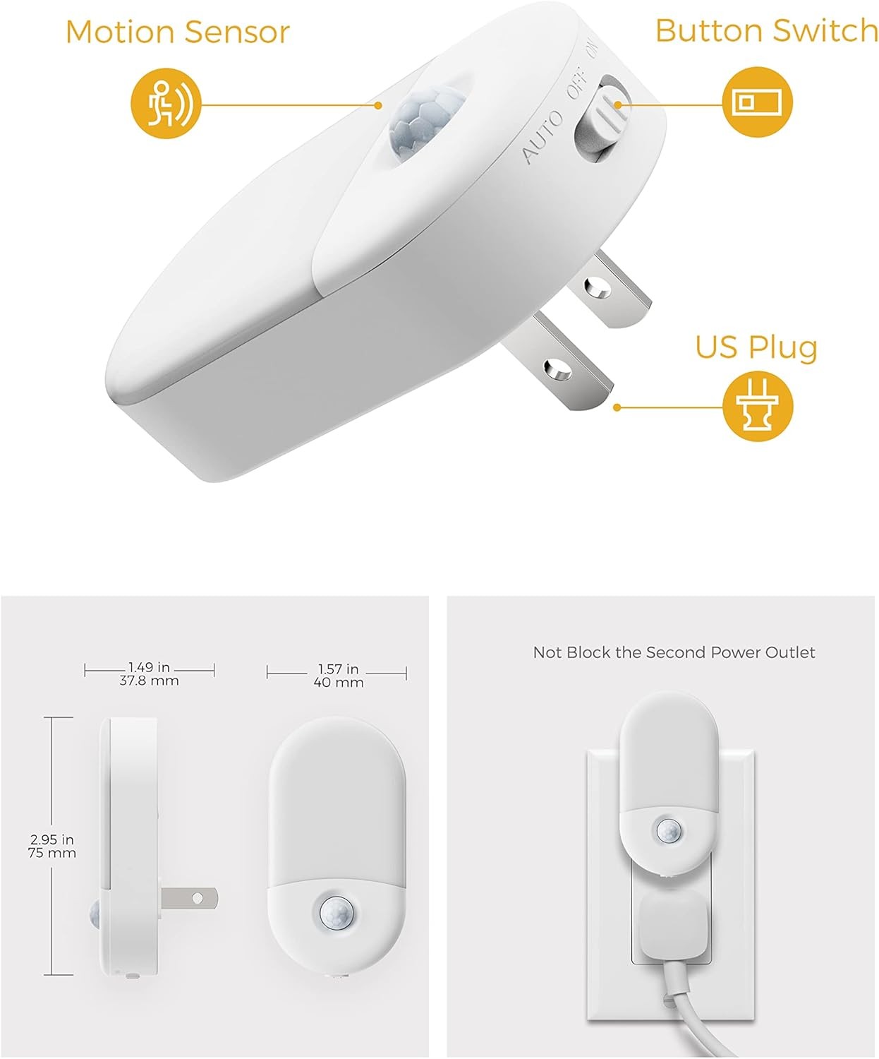 Motion Sensor Night Light 2 Pack 3000K Warm White Adjustable Brightness 30/60LM