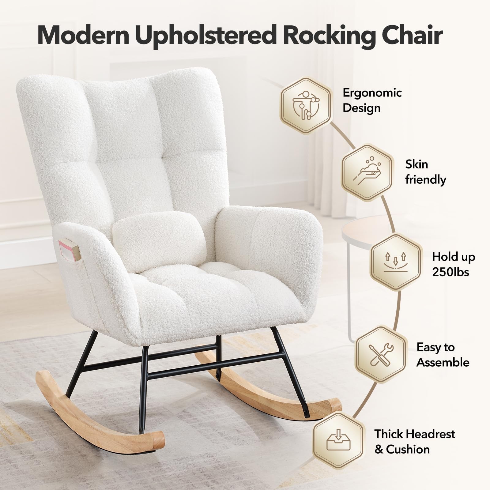 Modern Nursery Rocking Chair 250 lbs Capacity Glider Rocker Chair with Headrest