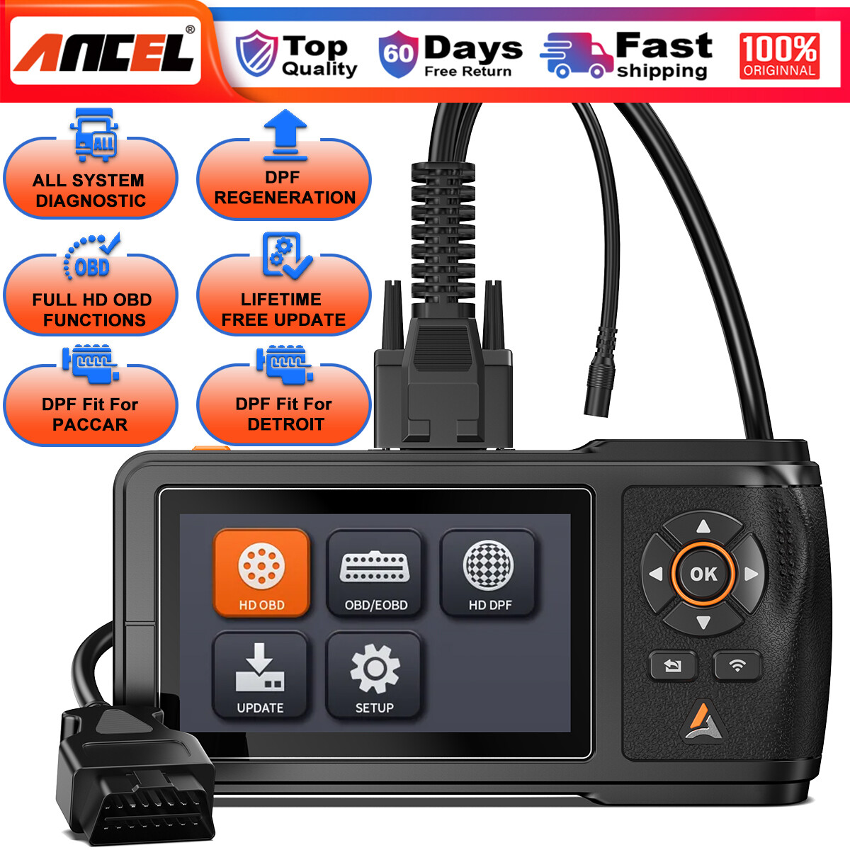 ANCEL HD431 Heavy Duty Truck Scanner DPF Regen Reset Car Diagnostic Scan Tool