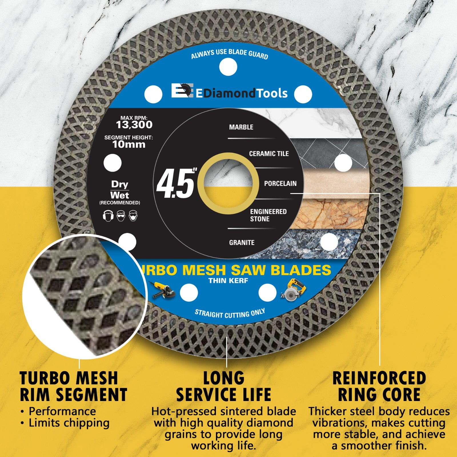 Turbo Mesh Saw Blades for Porcelain and Stone, 10mm Segment Height