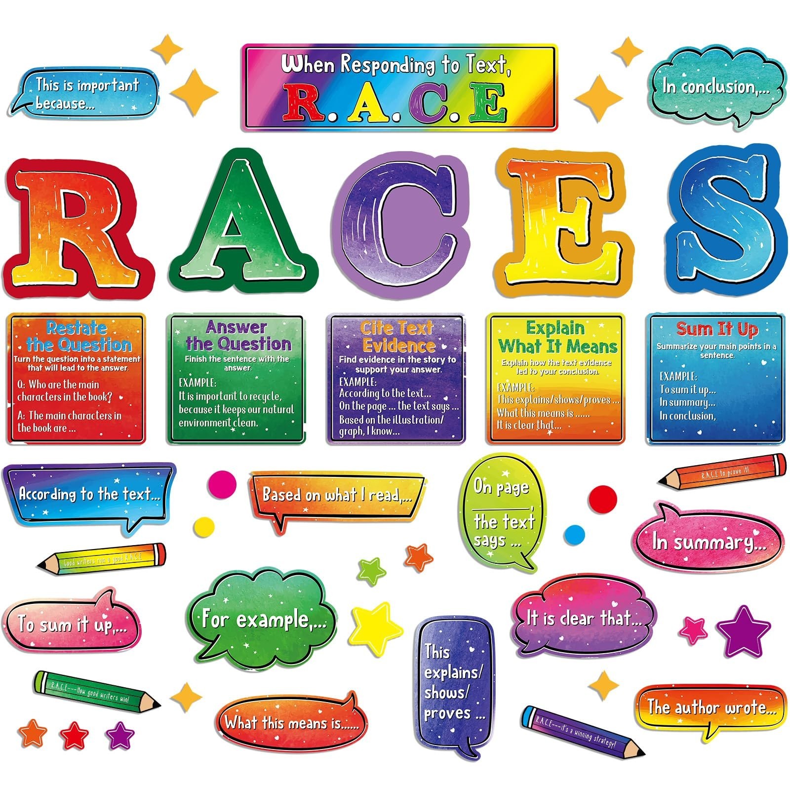 Pajean 46 Pcs Colorful Races Writing Strategies Posters Classroom Decoration ...