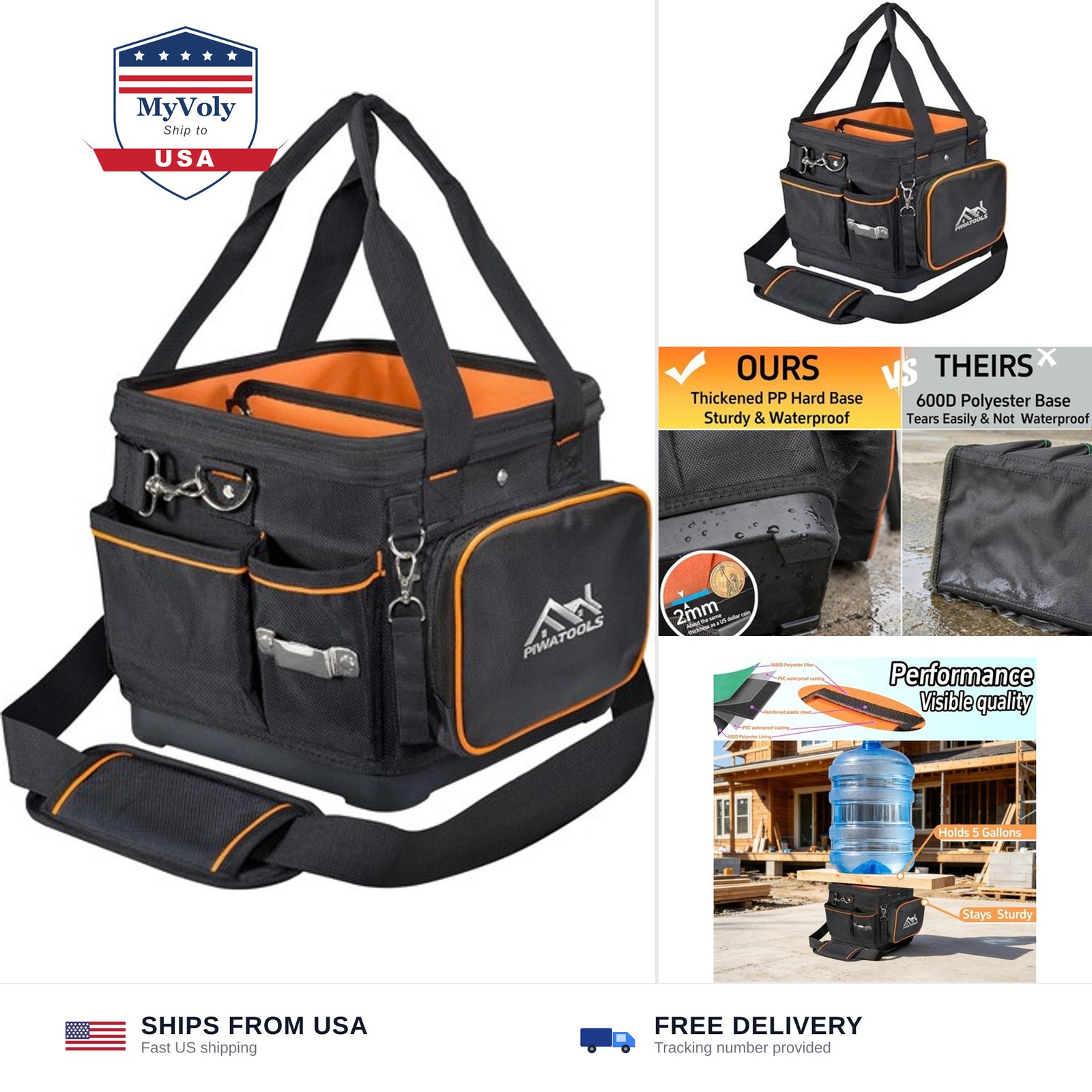 10" Compact Open-Top Tool Tote Bag, Hard Shell Tool Box | Small Electrician T...