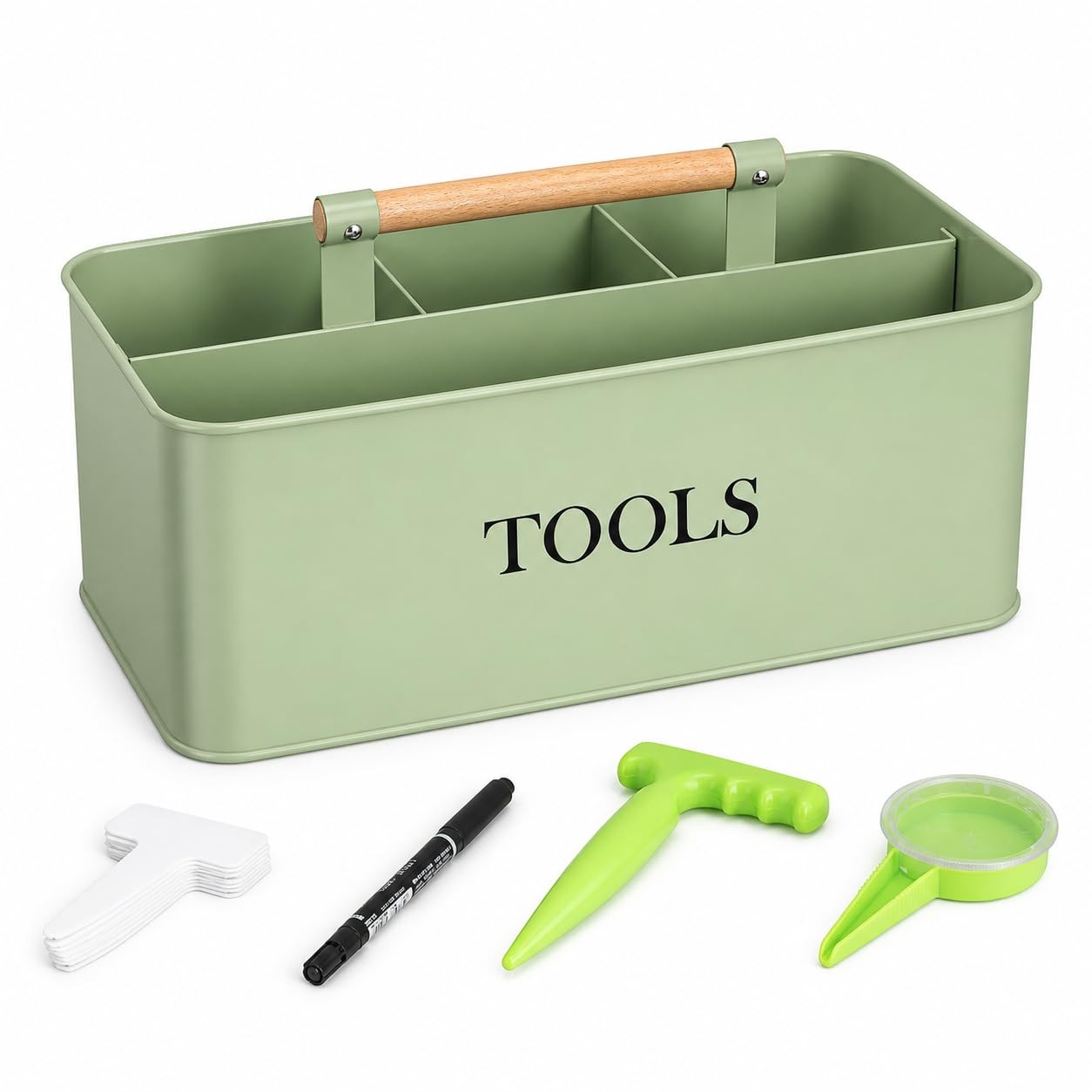 Garden Basket, Metal Garden Caddy with Wooden Handle, 4 Compartments Garden T...