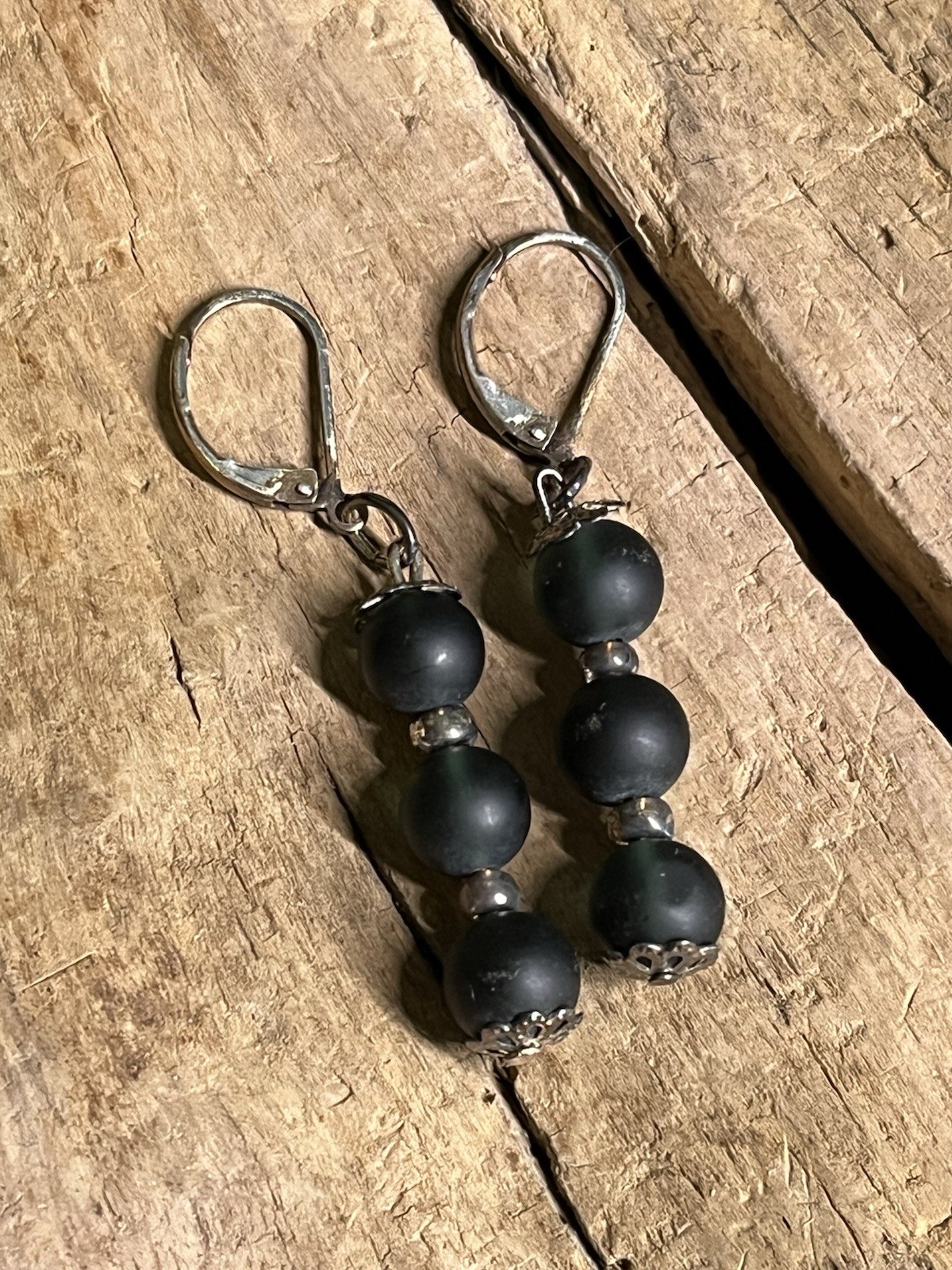 VINTAGE SILVER TONE FRISTED BLACK BEED 2” DROP EARRINGS