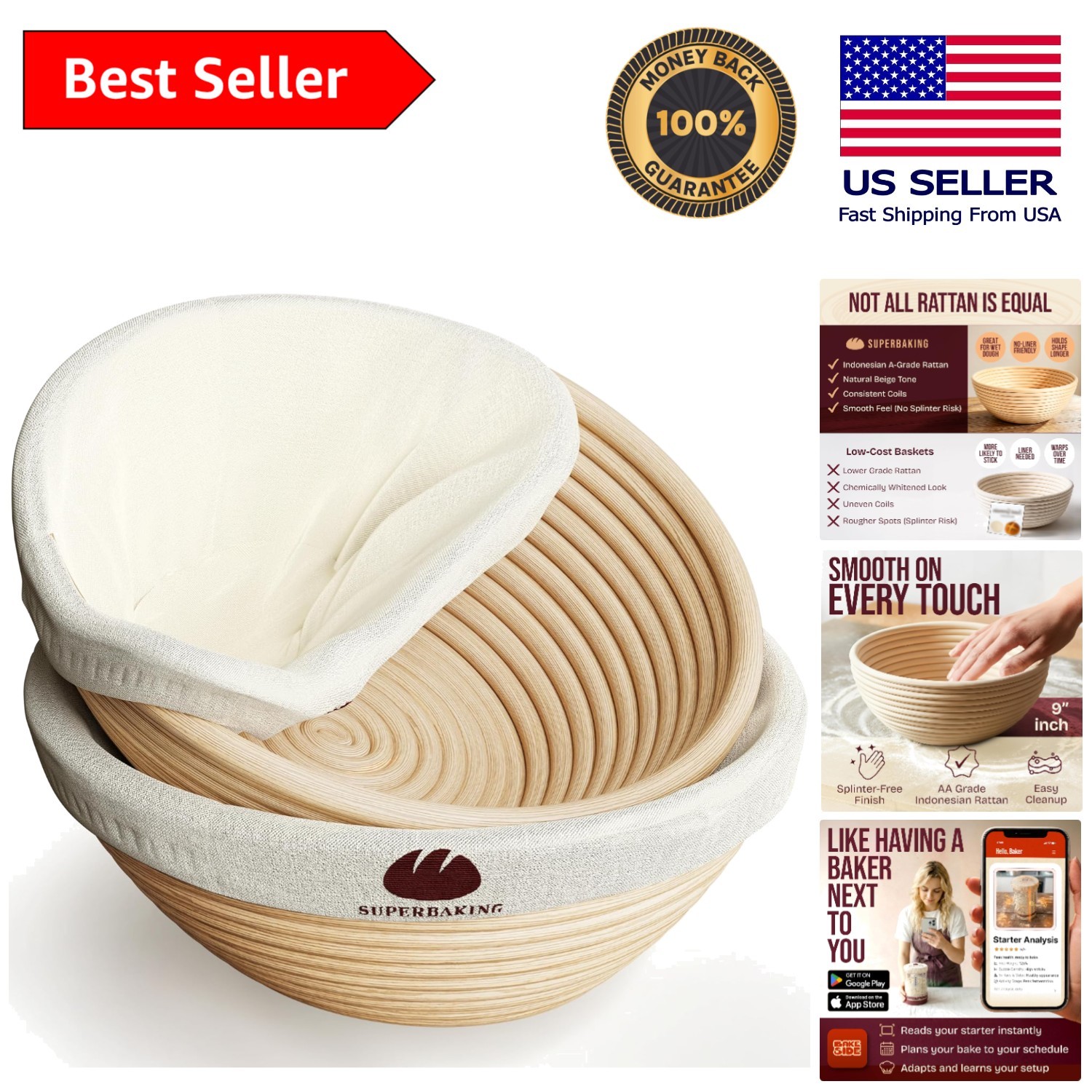 Sourdough Starter Kit - 9" Round Banneton Basket Set of 2 for Effortless Baking