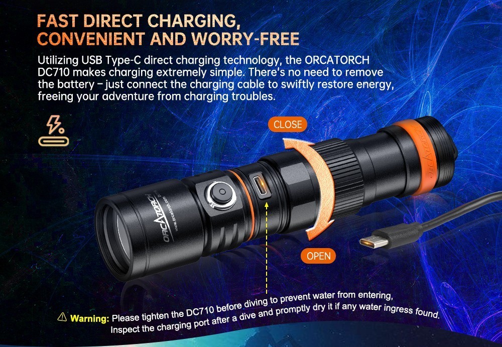 OrcaTorch DC710 USB-C Direct Charging 3000 Lumens Dive Light + second battery