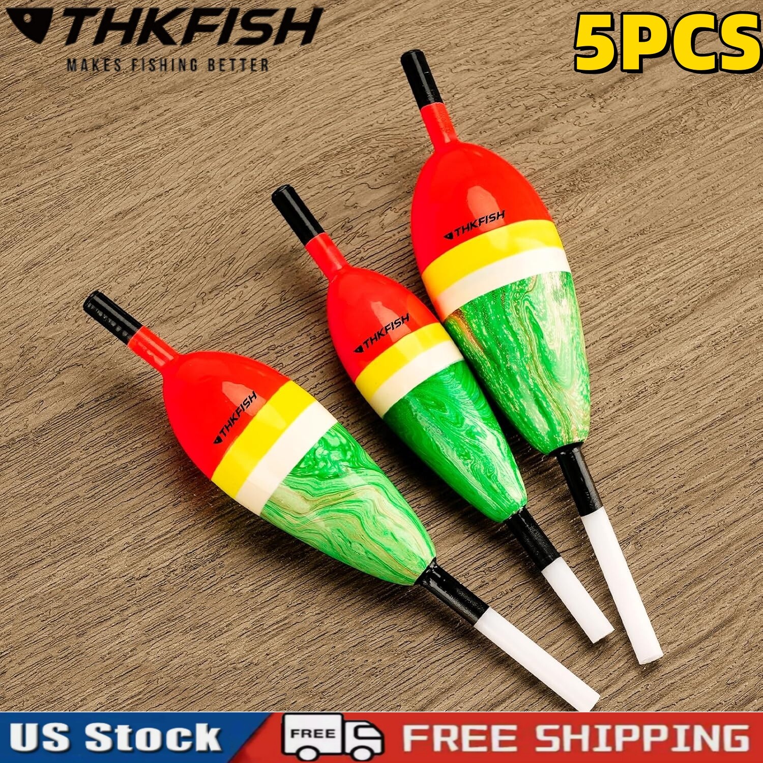 THKFISH 5PCS Bobbers for Fishing Buoyant Balsa Wood Body Slip Bobbers Floats US