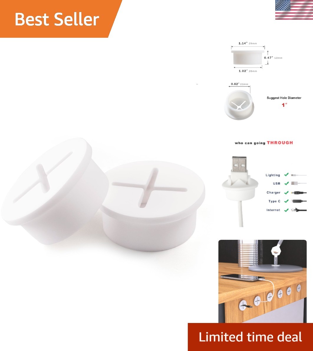 Elegant 2 Pack White Silicone Cable Grommets - Dust-Resistant & Flexible Design