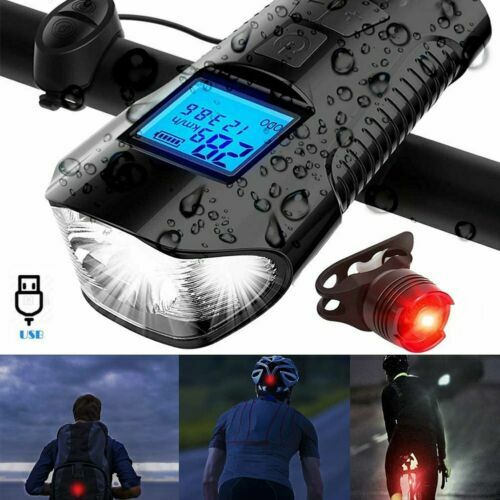 USB Rechargeable LED Cycle Bike Headlight + Rear Light Horn Speedometer Odometer