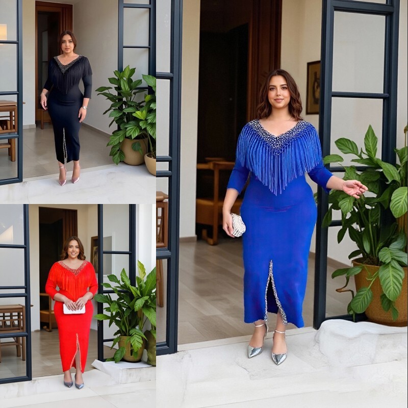 Elegant V-Neck Party Bodycon Gown Robe Arab Women Tassels Long Dress Plus Size