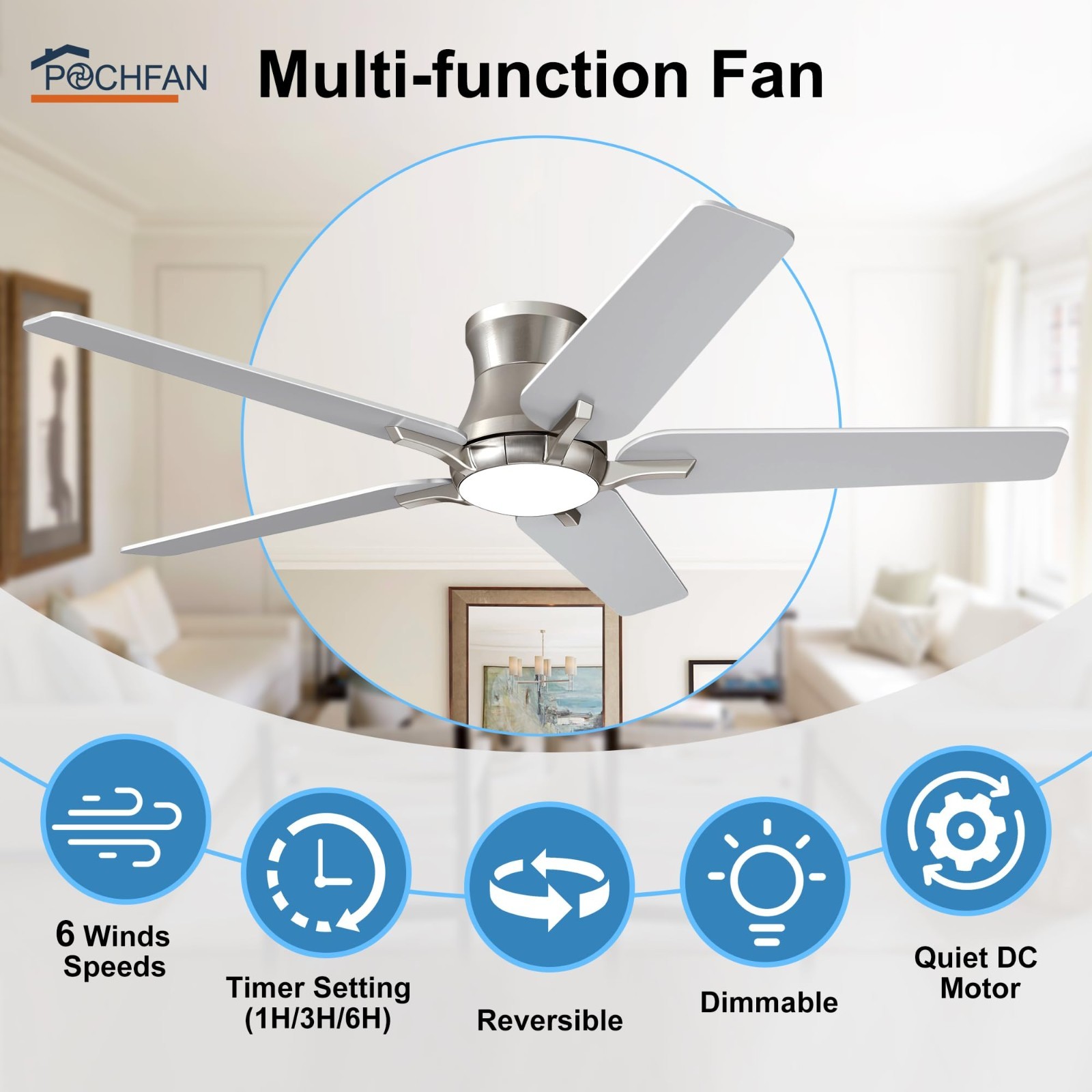 52" Ceiling Fan with Lights & Remote - Brushed Nickel, Low Profile, Dimmable, 6
