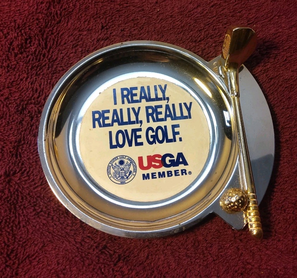 Vintage GOLF USGA Trinket Tray w/ Club & Ball Silver & Gold Tone Made in Taiwan