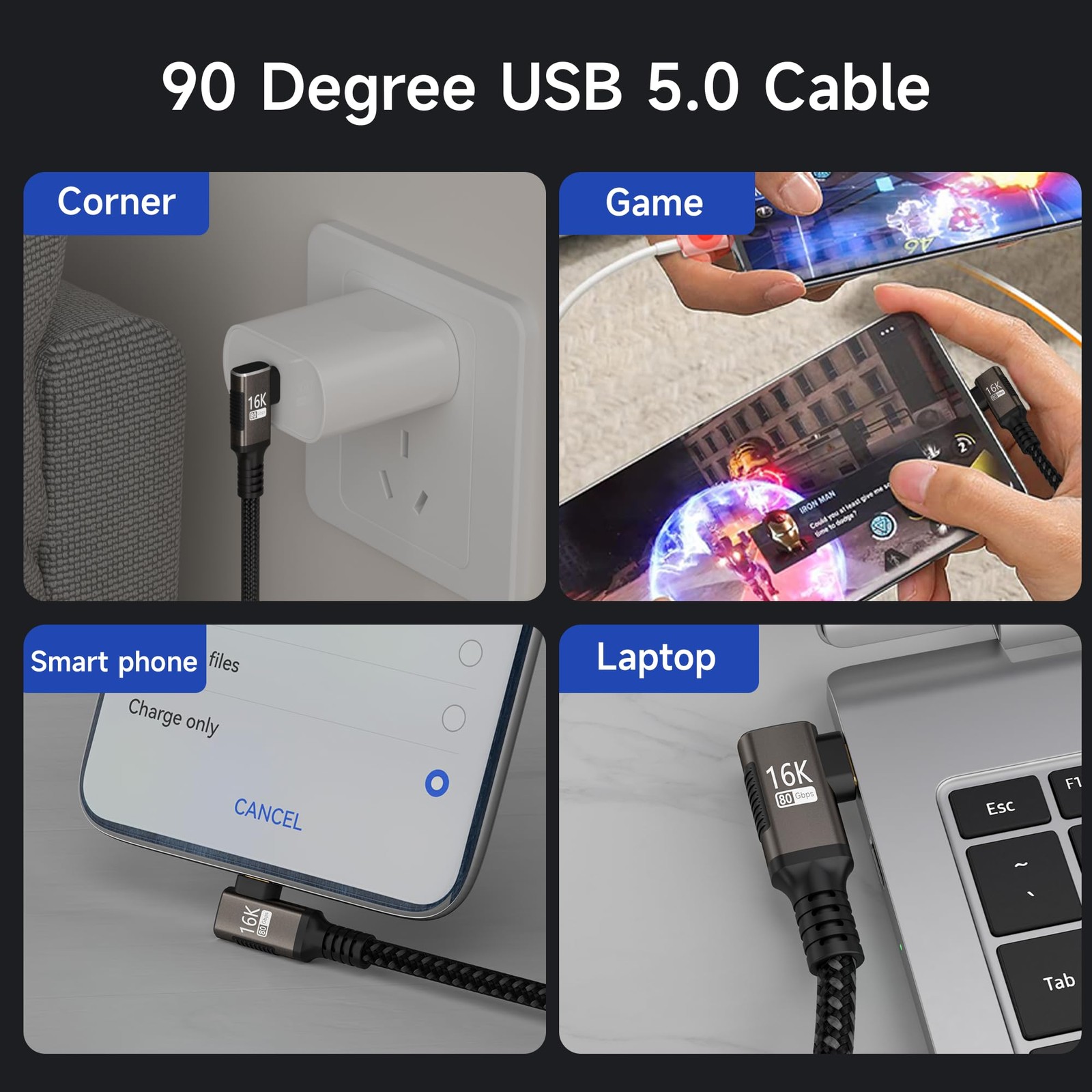 USBC right angle Cable 6.6FT Compatible With Thunderbolt 5/4,90 degree Type C...