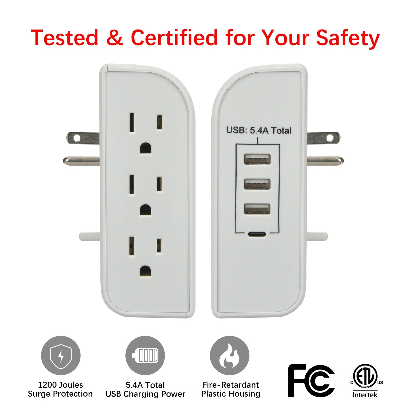 [24 PCS] CP 3 Side-Outlet 1200 Joule Wall-Tap, 3 USB-A, 1 USB-C Ports, CP30009