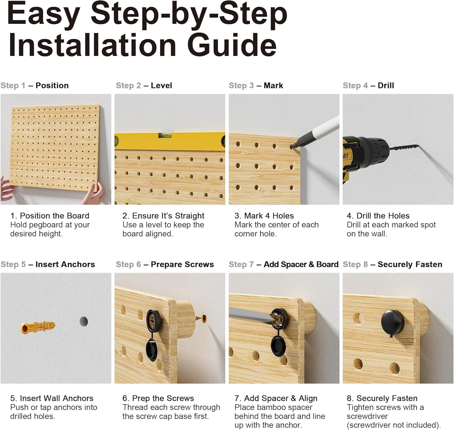 Eco Friendly Bamboo Pegboard Organizer Set 39 Piece 4 Panel Wall Storage 35Hooks