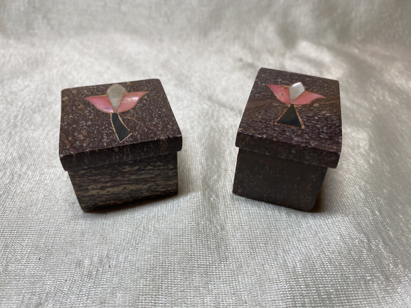 set of 2 small Marble trinket stash boxes MOP inlay flowers pretty! w lids