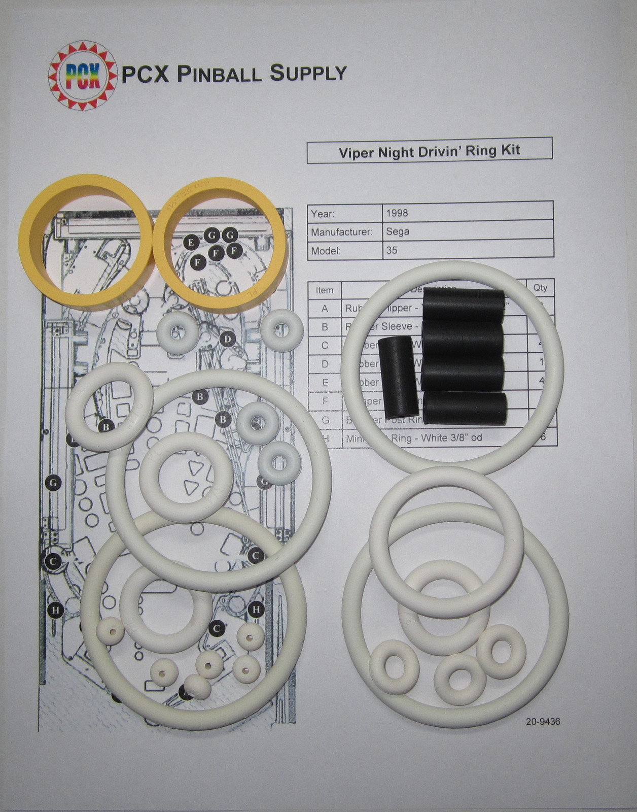 1998 Sega Viper Night Drivin' Pinball Machine Rubber Ring Kit