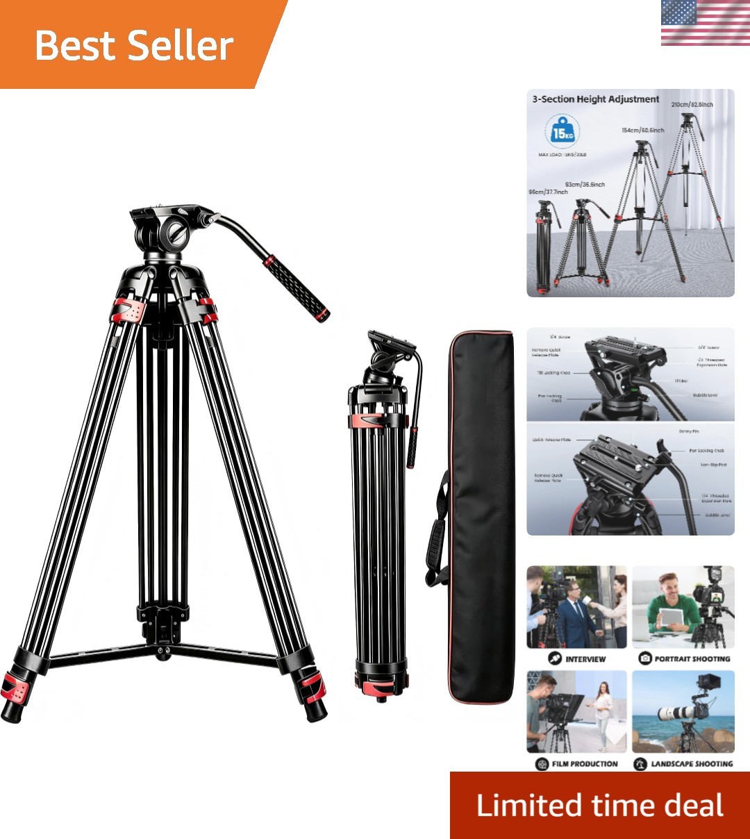 82" Fluid Head Tripod - Heavy Duty Video Tripod for Camera | Aluminum alloy, ...