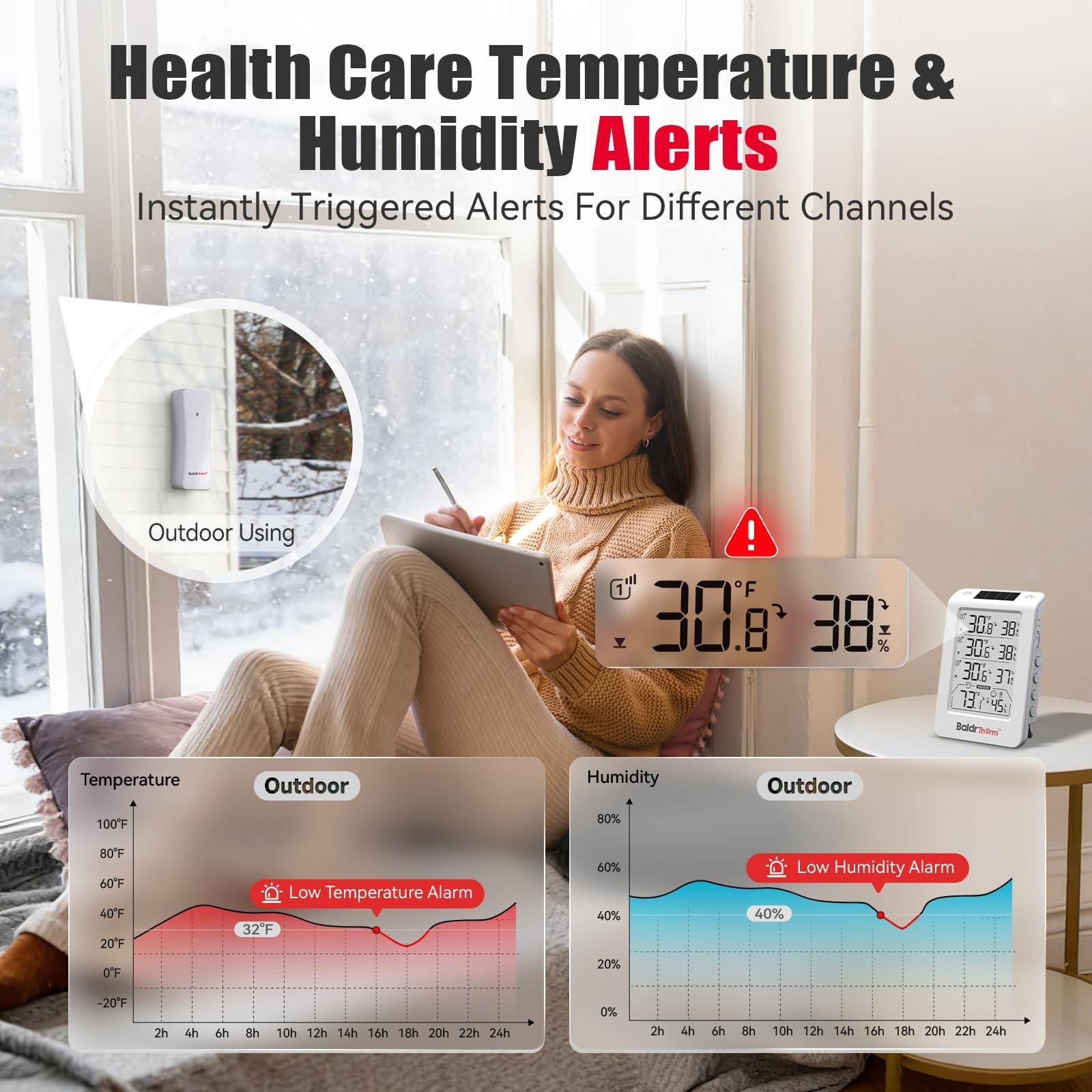 BaldrTherm Wireless Three Channel Thermometer Hygrometer, Large Display Tempe...