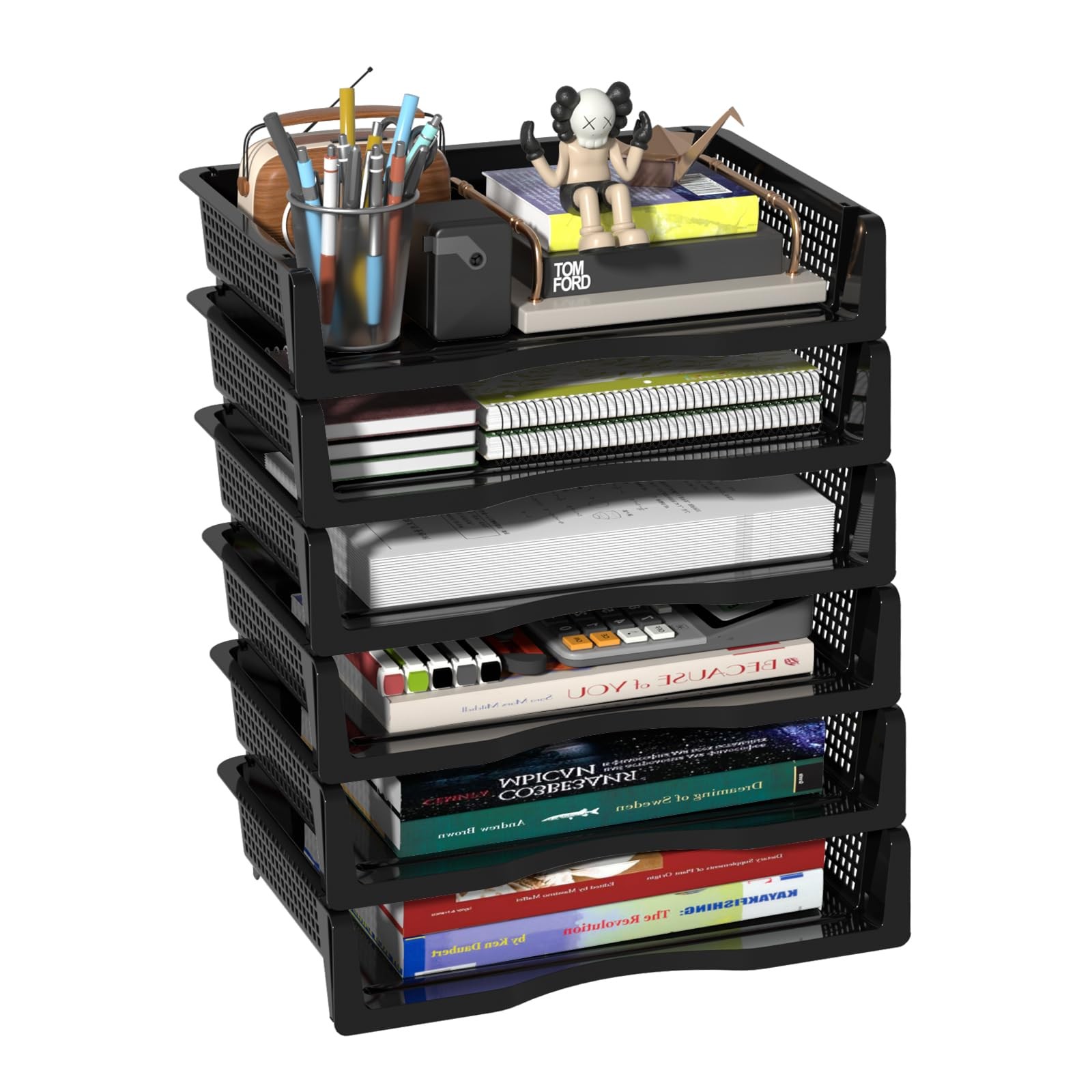 6 PCS Black Stackable Plastic Desktop Document Paper Sorter Bin Holder Tray Rack