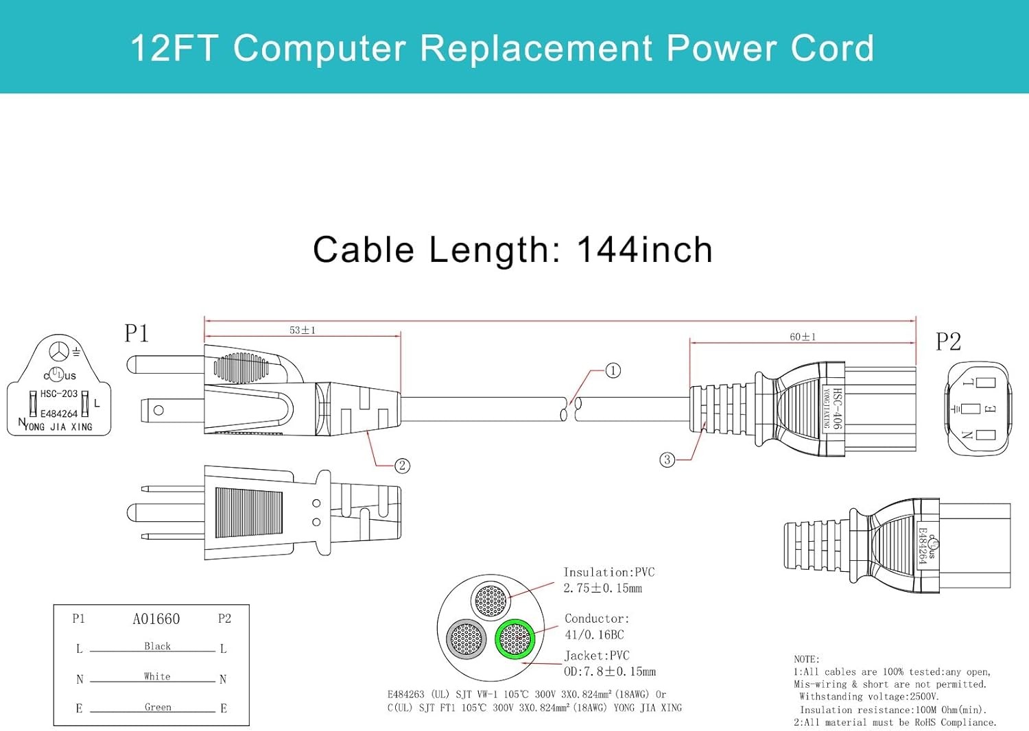 12FT Computer Monitor Replacement Power Cord -Black Long Standard 12FT, Black