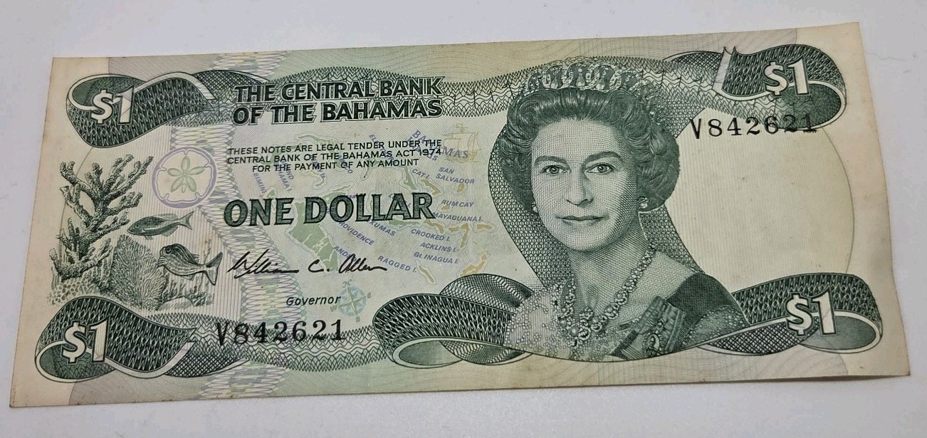 Queen Elizabeth QEII Bahamas 1 Dollar Bill Banknote Currency Paper Money 1974