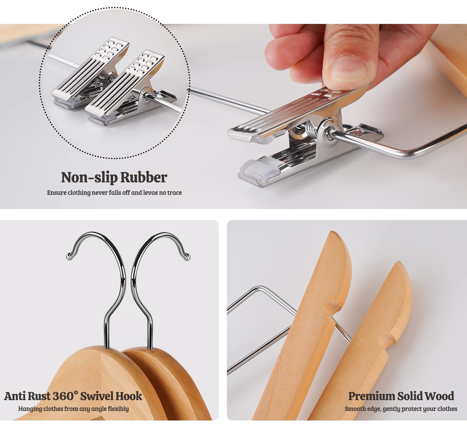 16Pack Wooden Hangers Skirt Hangers with Clips, Solid Wood Pants Hangers Natural