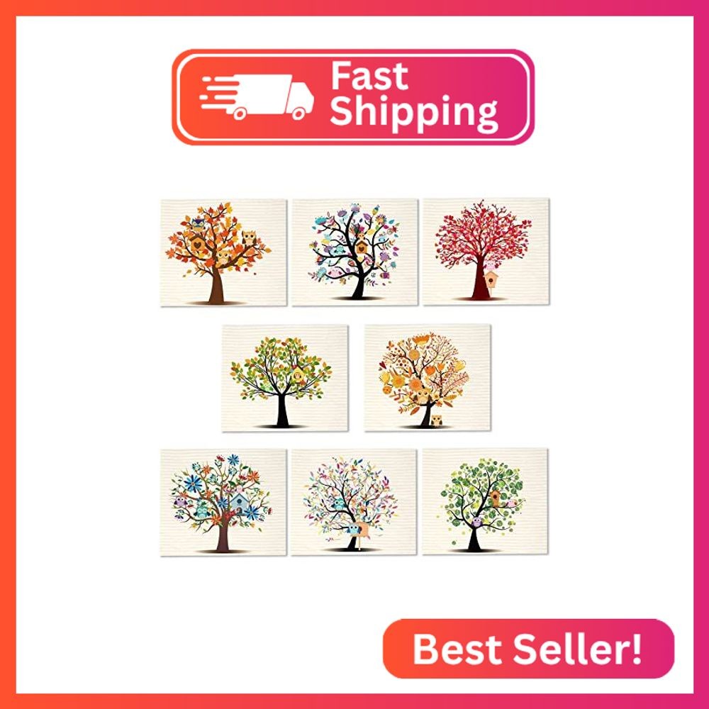 Vesici 8 Pcs Kitchen Dishcloths, Mixed Trees Owls Washable Reusable Sponge Cloth