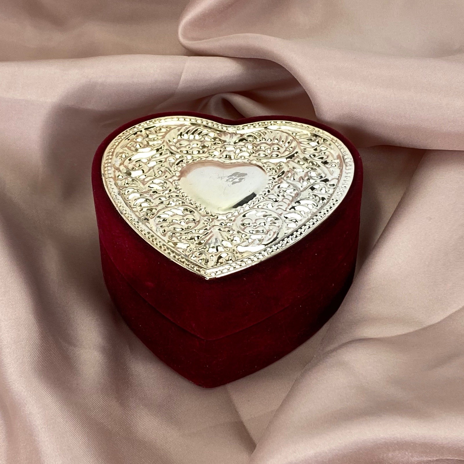Heart Shaped Burgundy Velveteen Trinket Box with Silverplate Top
