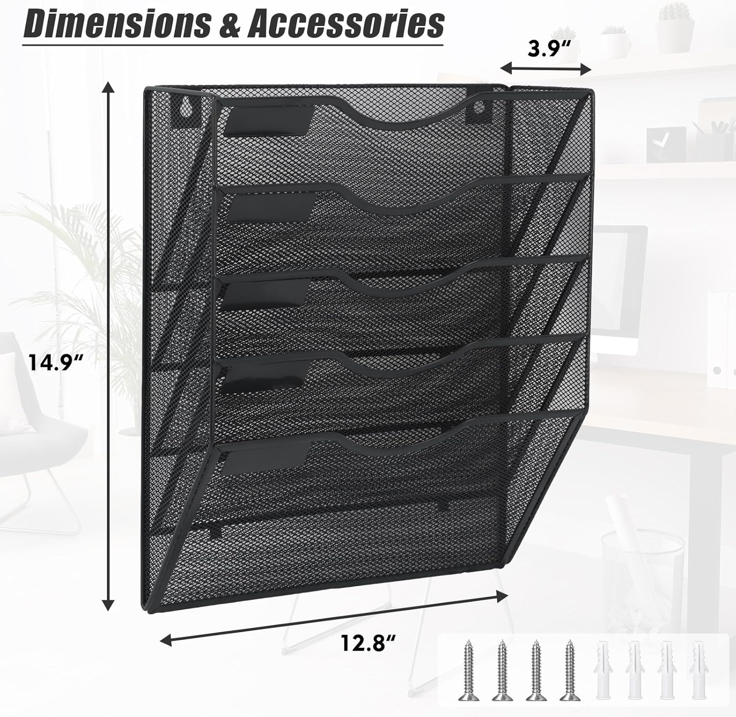 5 Pocket Mesh Hanging Wall File Organizer, Wall Mounted Mail Paper Document Fold
