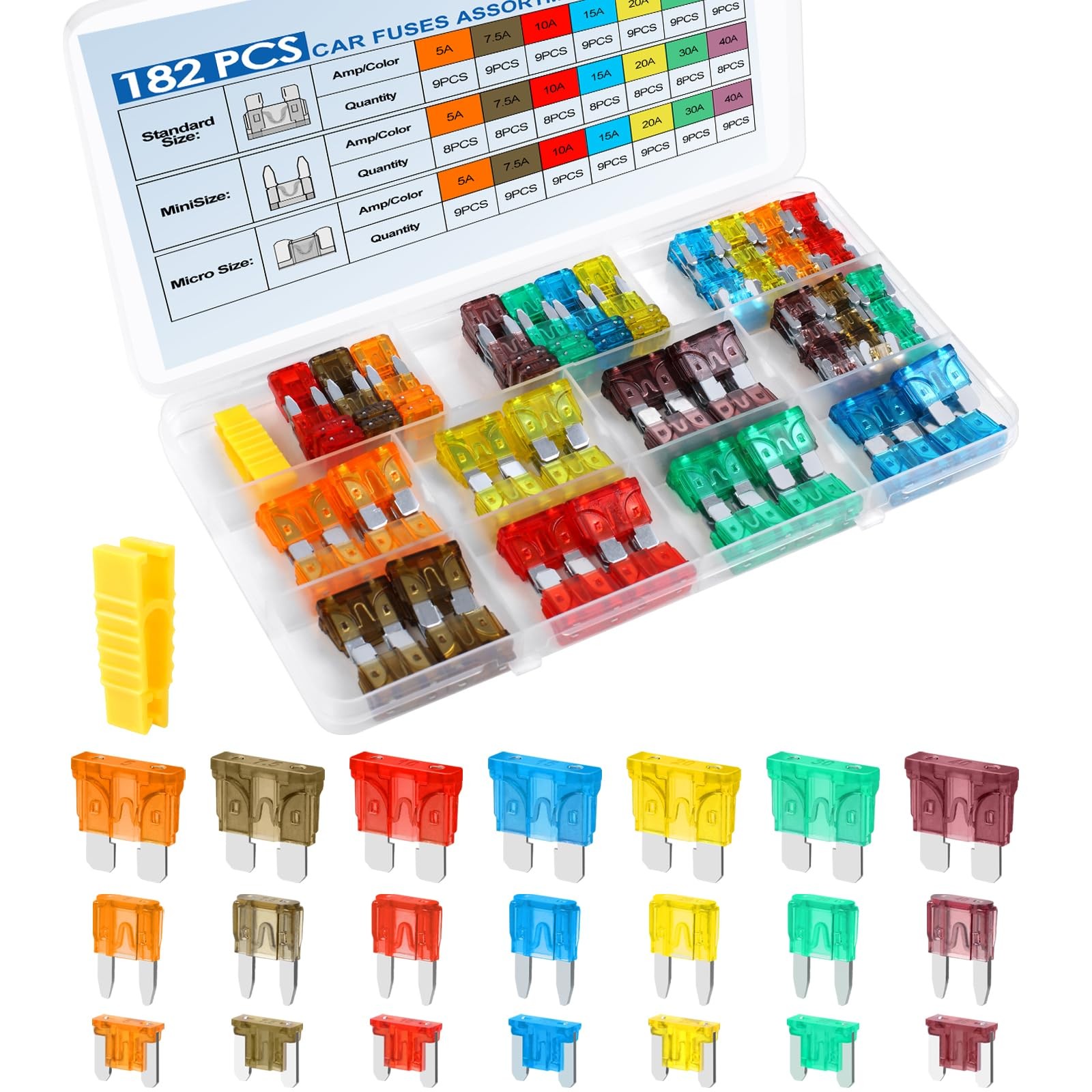 182PCS Car Fuses Assortment Kit, Professional Blade Multicolored