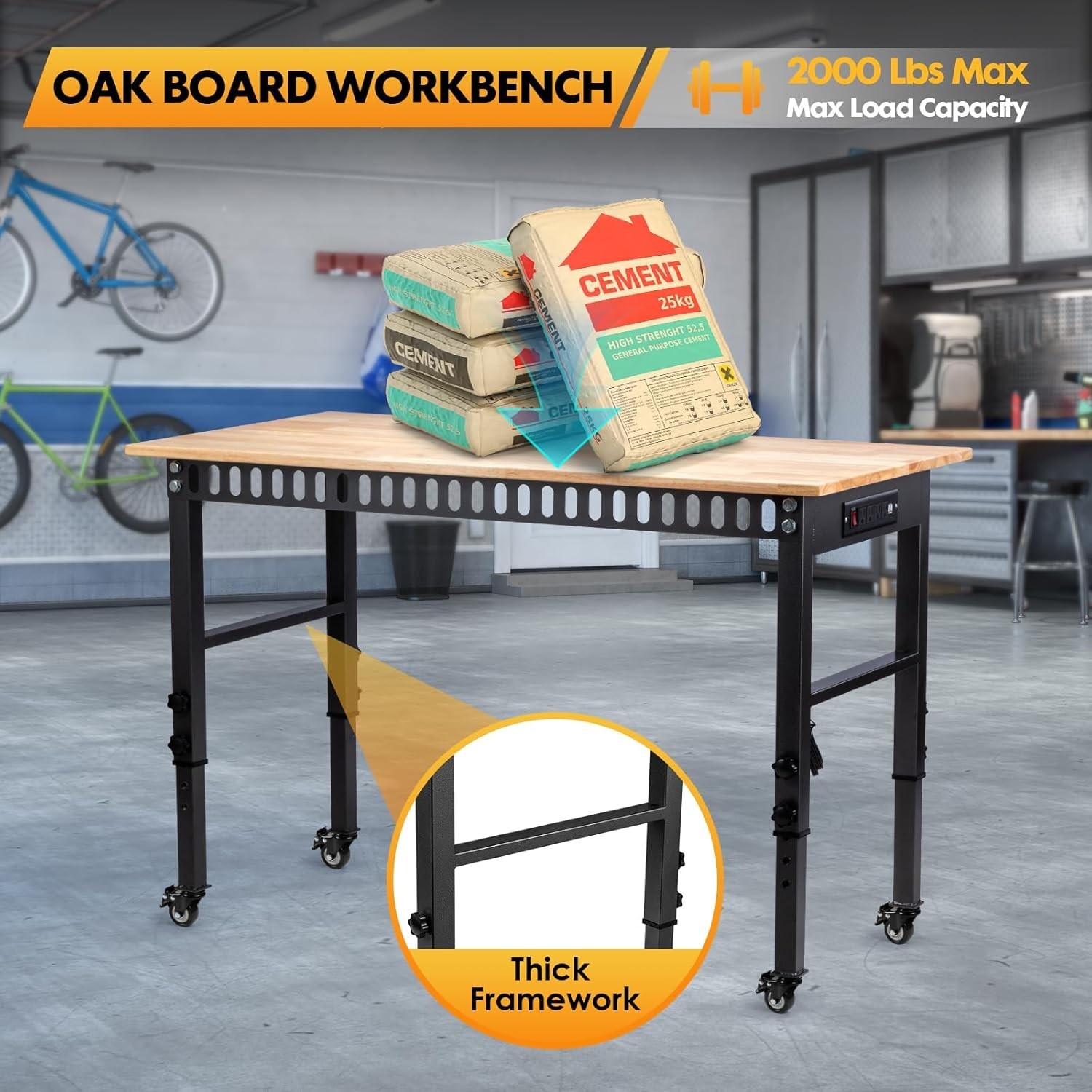48" Rubber Wood Top Workbench - Adjustable Height & 2000 lbs Load Capacity