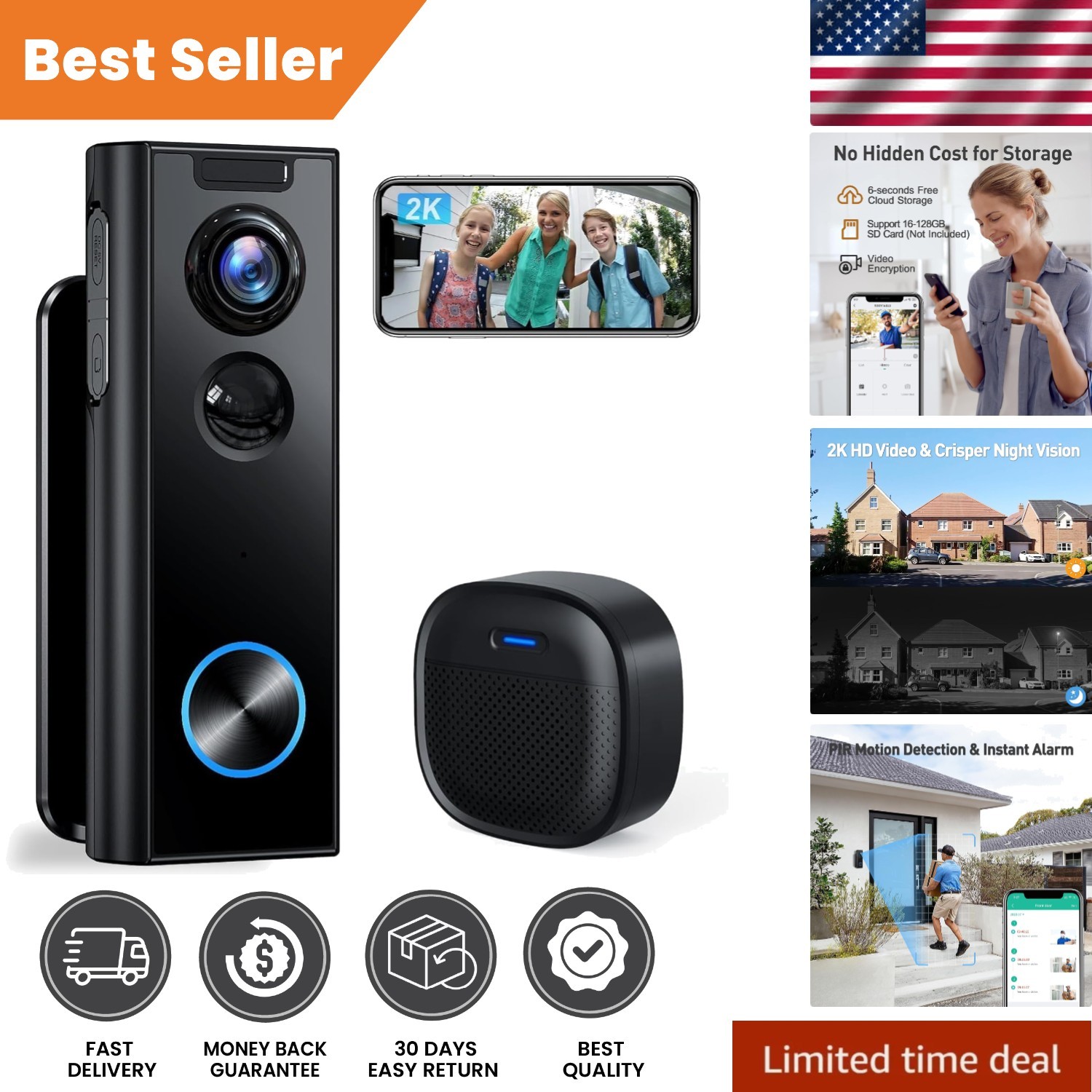 Smart Wireless Doorbell Camera - No Subscription, 2-K Video & Night Vision