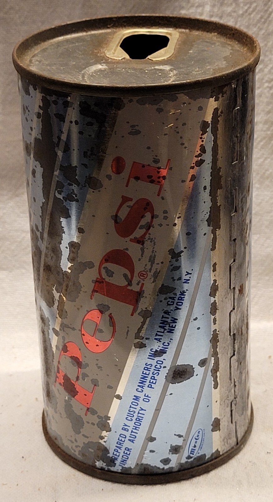 OLD PEPSI COLA CAN BLUE & WHITE STRIPED ODD RECTANGULAR PULL TAB STYLE EMPTY