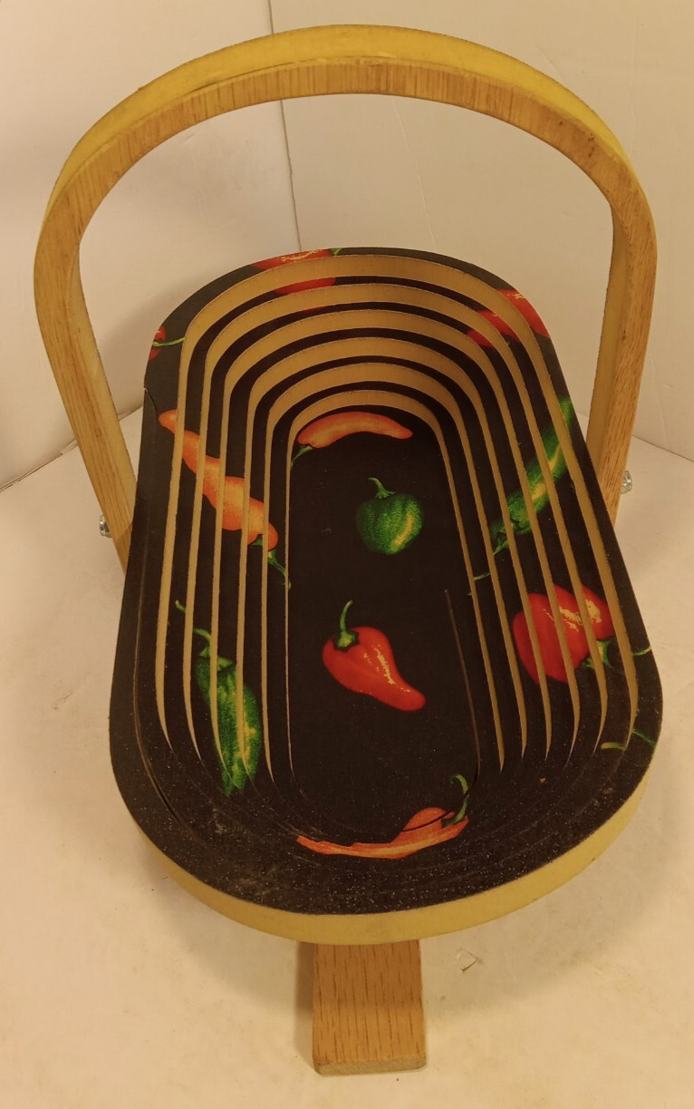 Collapsible Folding Wooden Basket. Chili Print. Hand Crafted Traditions Unique