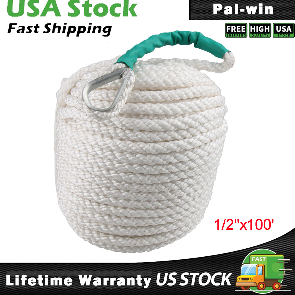 1/2"x100' Twisted 3 Strand Nylon Anchor Rope Boat w/Thimble Rigging Line 5850LB