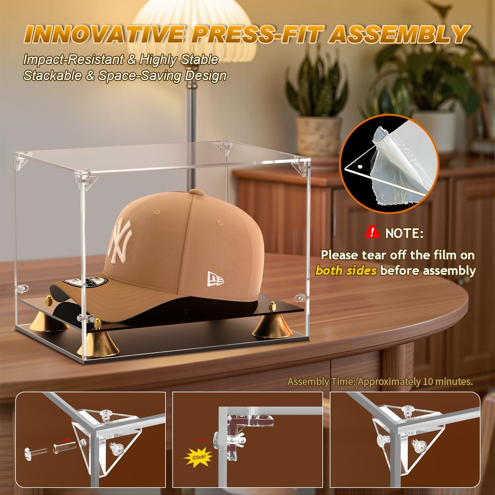Hat Display Case, Clear Acrylic with Luxury Double-Layer Base | Perfect for