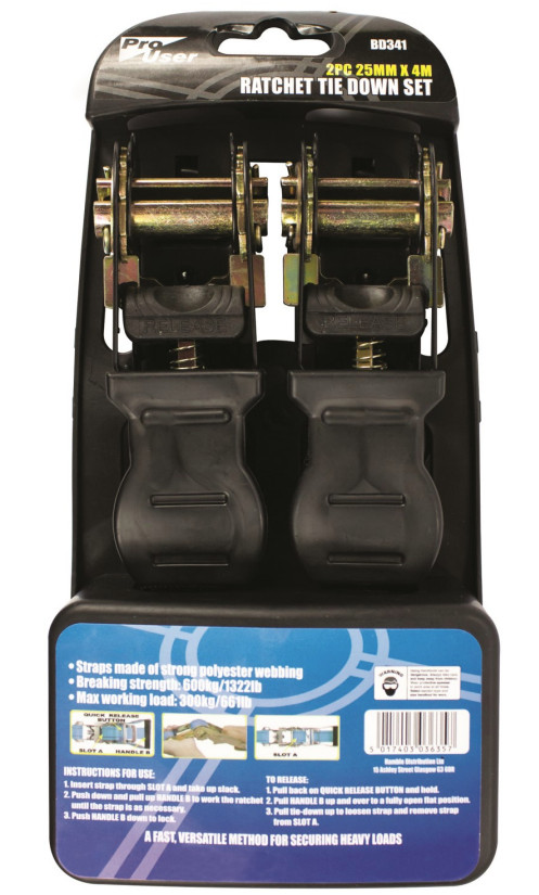 Ratchet Tie Down Straps 25mm with S Hooks 4m Hold 600kg Pack of 2 - Pro User