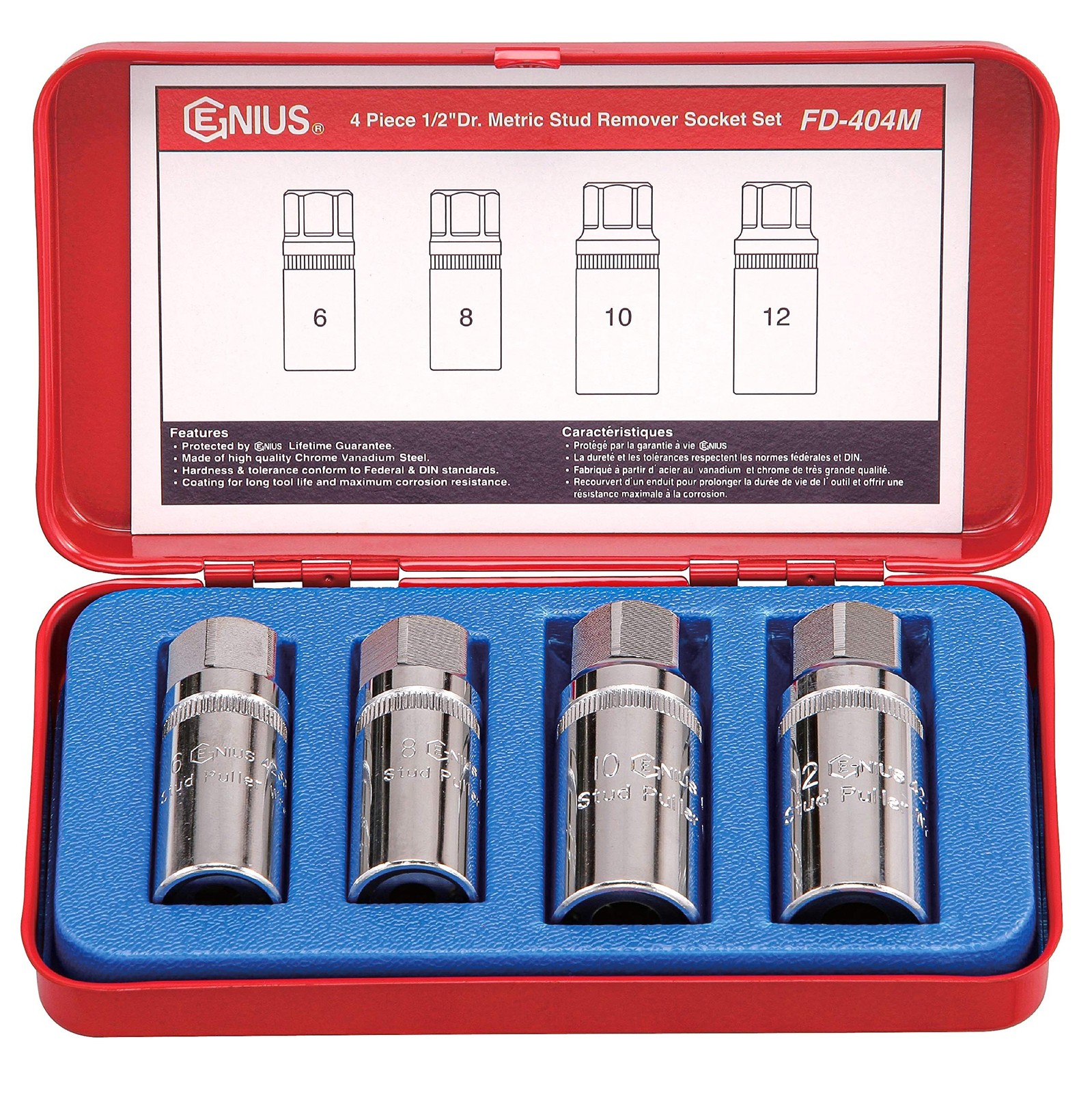 Genius Tools 4Piece 1/2 Dr. Metric Stud Remover Socket Set FD-404M