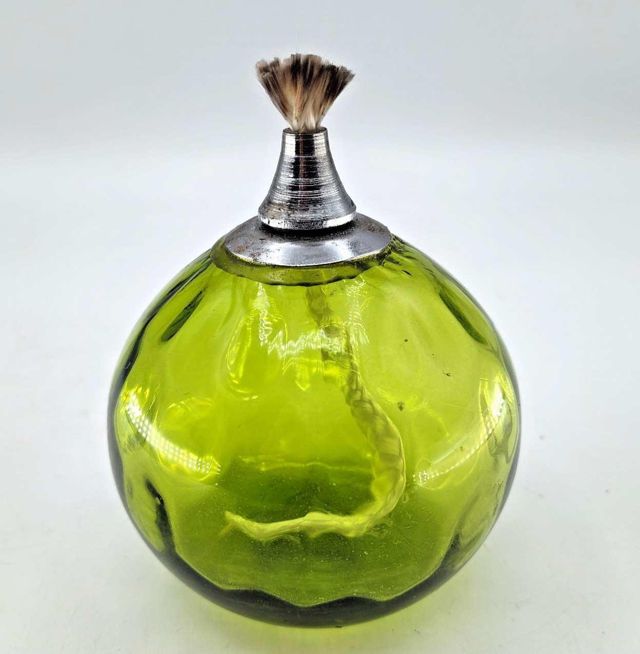 Vintage Hand Blown Green Glass Oil Lamp Round Finger Loop Burner Lamp