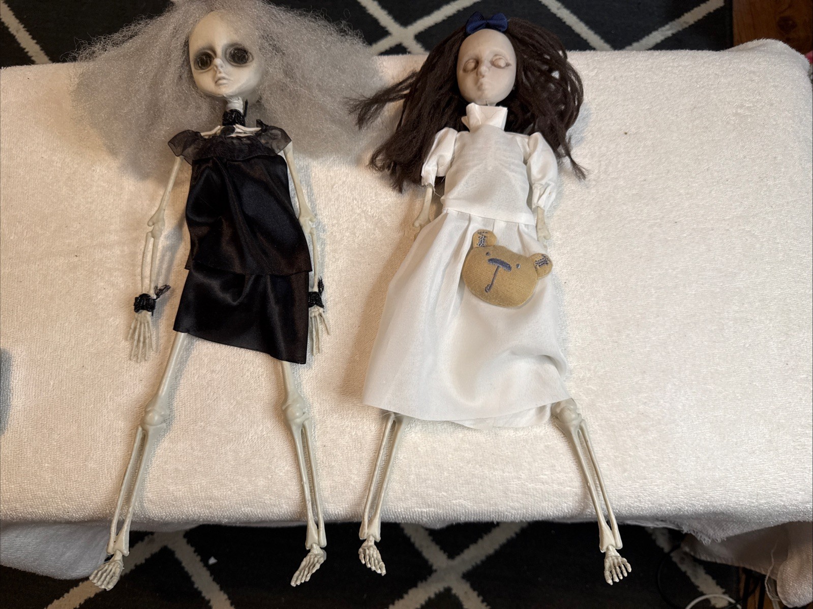 2 CREEPY SKELETON HALLOWEEN DOLLS 16” TALL, THEY HAVE HOOP FOR HANGING