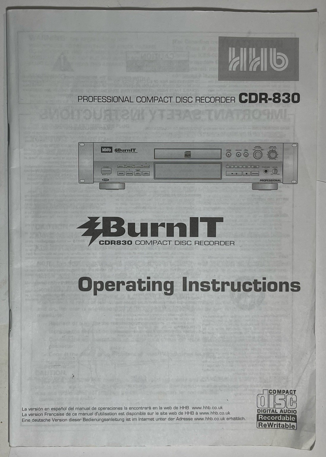 HHB BurnIT CDR-830 Professional Compact Disc CD Recorder W/ Remote & Manual