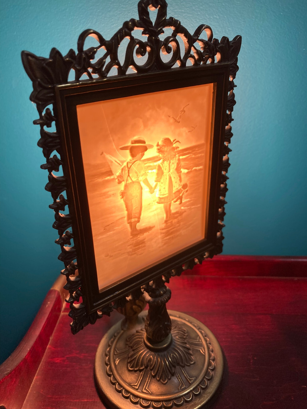 Victorian Style Brass Lithophane Children's at the seashore  -Night Light Lamp