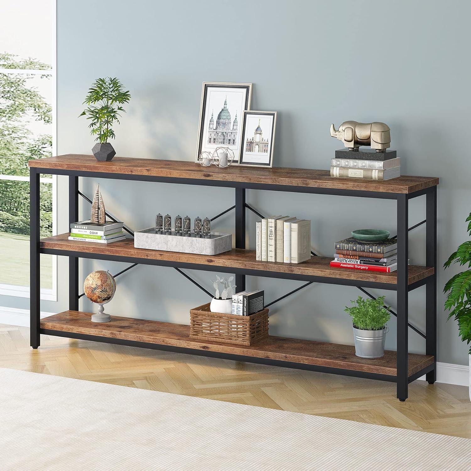 70.9" Extra Long Console Table, 3-Tier Industrial Sofa Table with Metal Frame