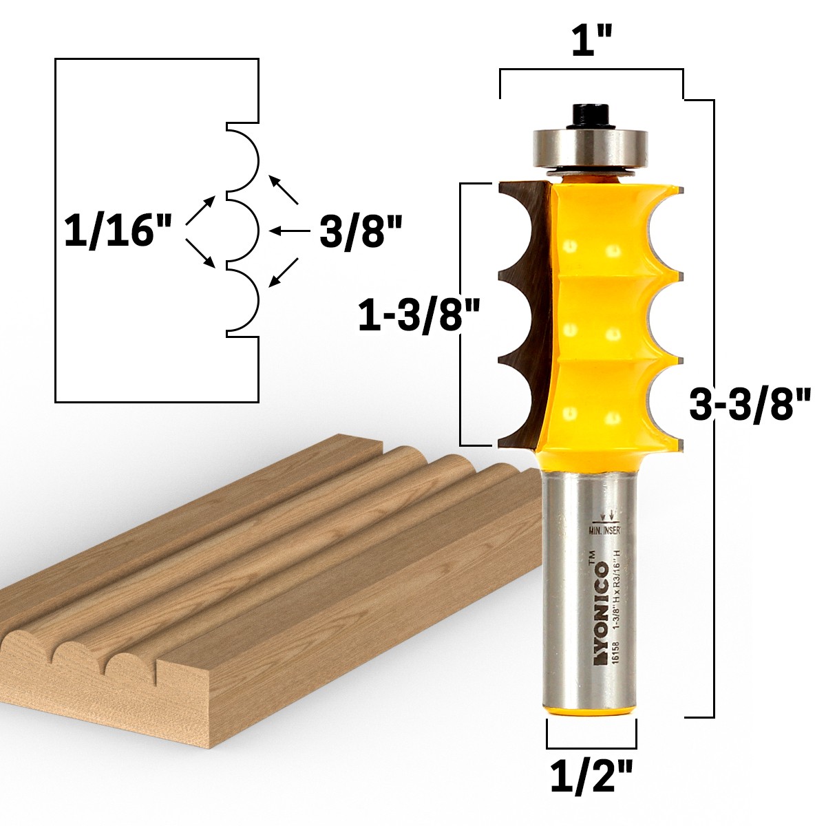 3/16" Radius Triple Bead Trim Molding Router Bit - 1/2" Shank - Yonico 16158