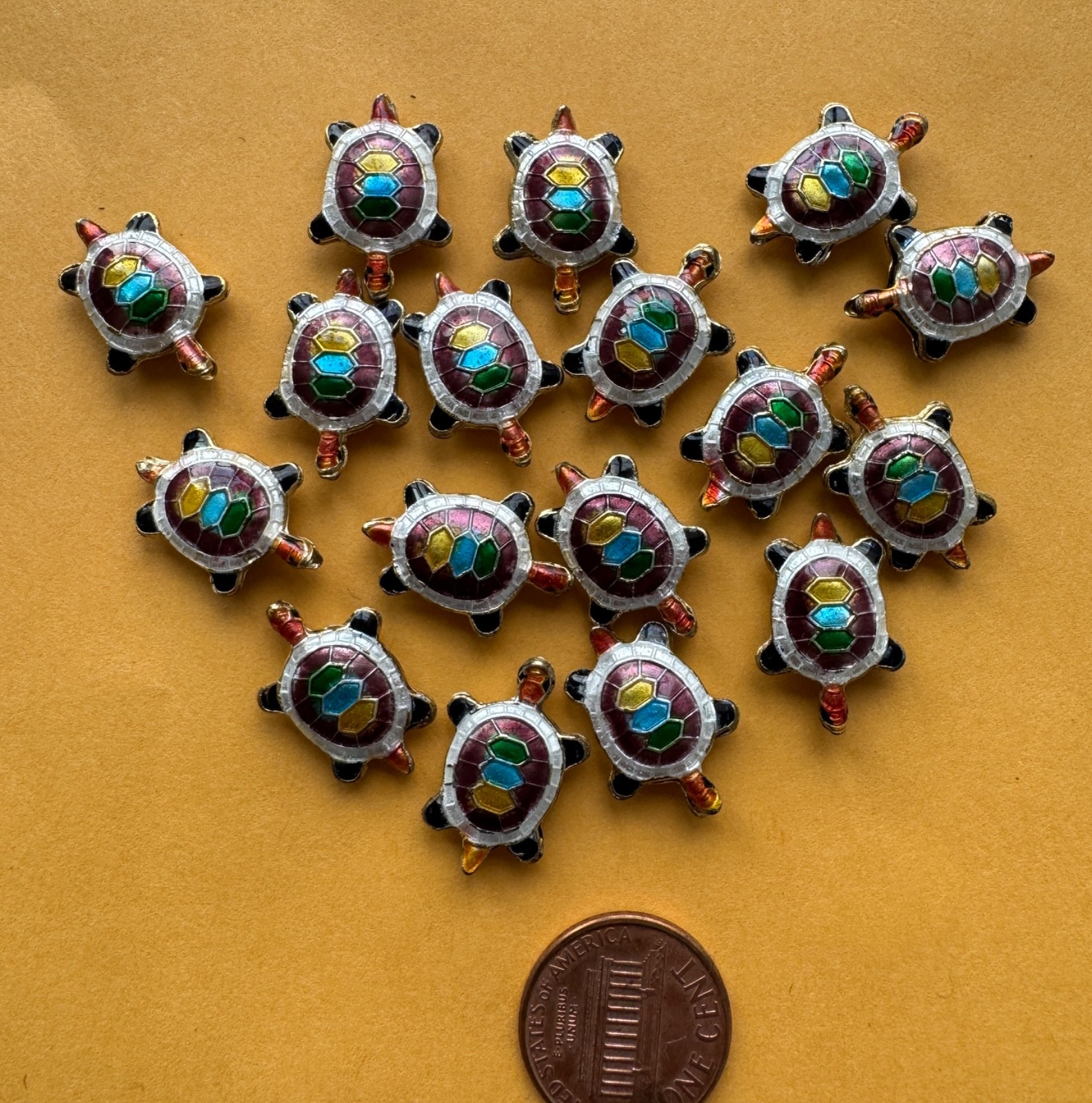lot of 17 cloisonne beads, turtle ~ brown, blue, green and gold, 19 x 14 x 3 mm