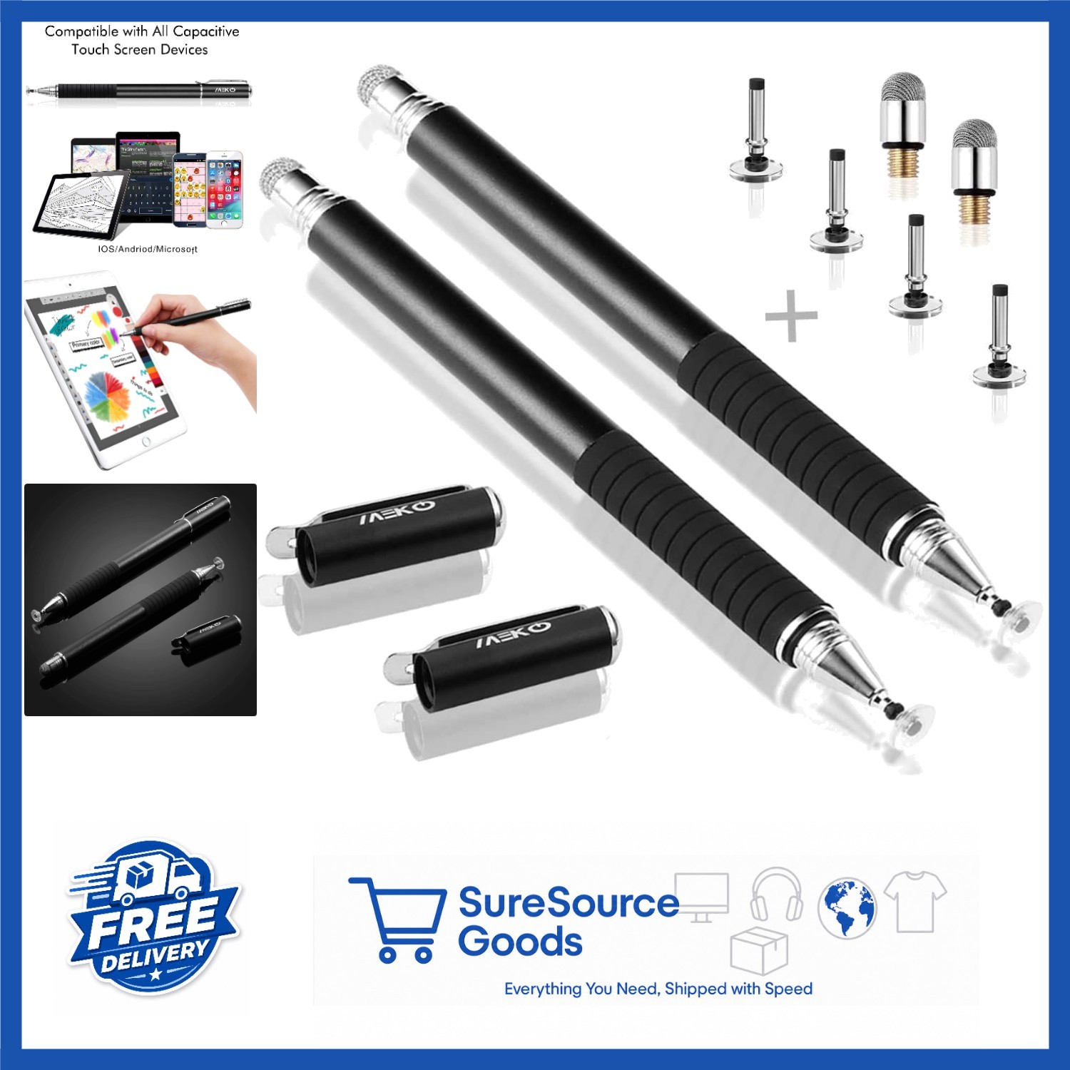 Touch Screen Stylus Pens 2 in 1 Black for Tablets, Laptops, Smartphones Bundle