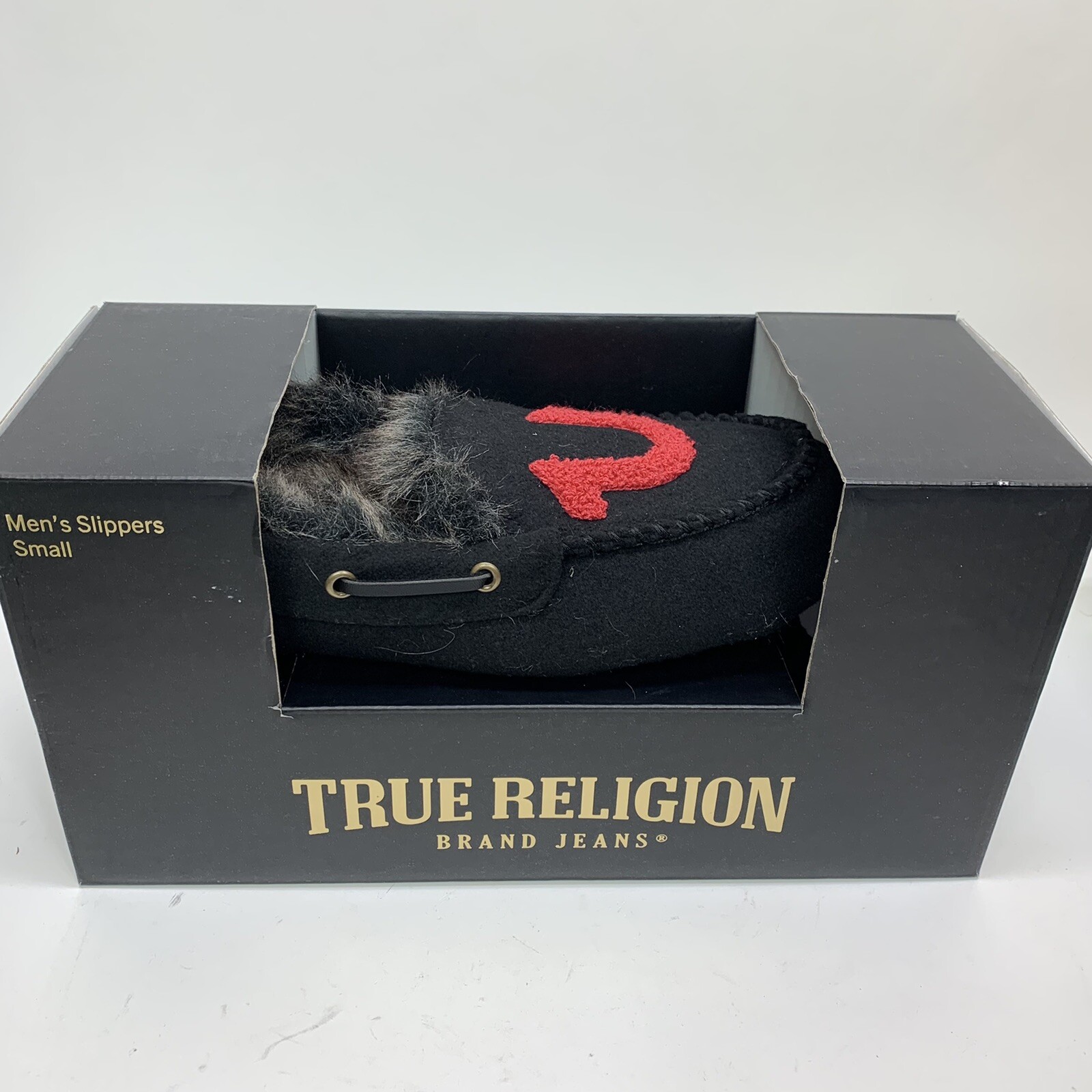 True Religion Moccasins Mens Small 7-8 Gray RedHouse Slippers Fur Lined New